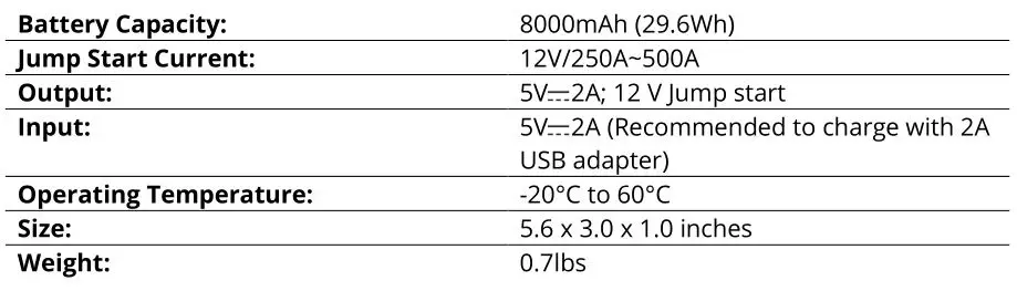 HUMMER H8 Multifunctional Jump Starter Power Bank - SPECIFICATIONS