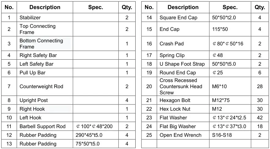 SUNNY SF-XF9925 Power Zone Strength Rack Power Cage Squat Rack - PARTS LIST