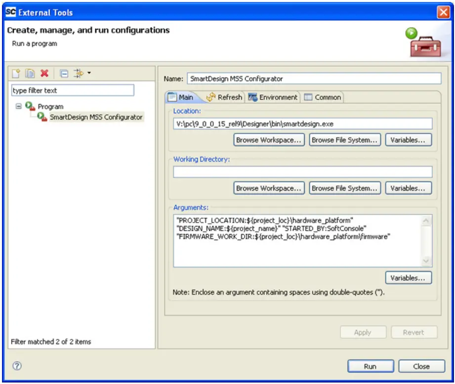 Actel SmartDesign MSS Running the MSS Configurator - External Tools dialog