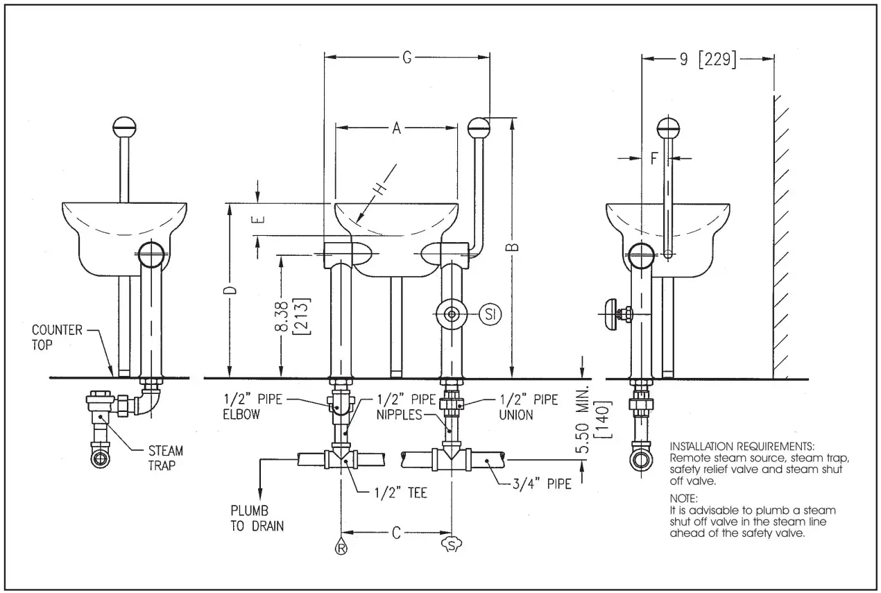 CROWN TOC-2 Direct Steam Table Mounted Jacketed Oyster Cooker - Service Connections