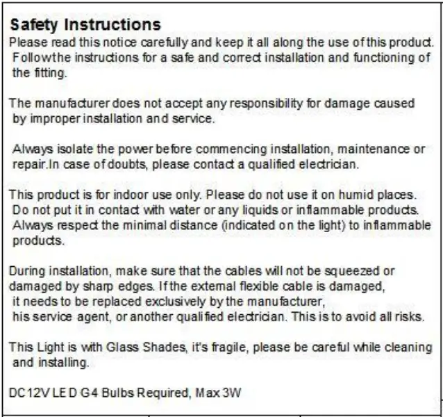 THE HOME DEPOT mys059 12-Light LED Chandelier - Safety Instruction