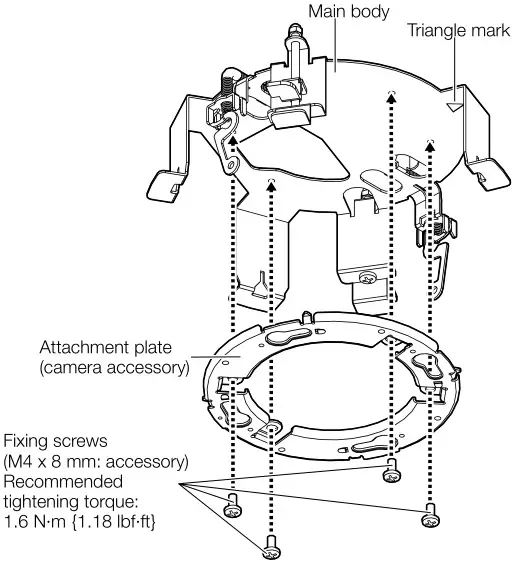I-PRO WV-QEM100-W Ceiling Mount Bracket - Fix the attachment plate (camera accessory) to the ceiling mount bracket.