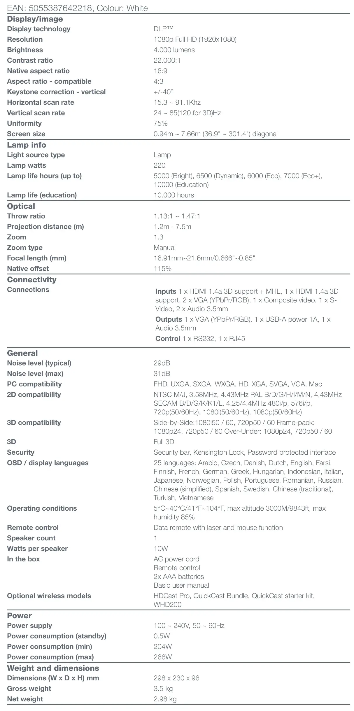 Optoma EH400+ DLP Portable Beamer - Specifications