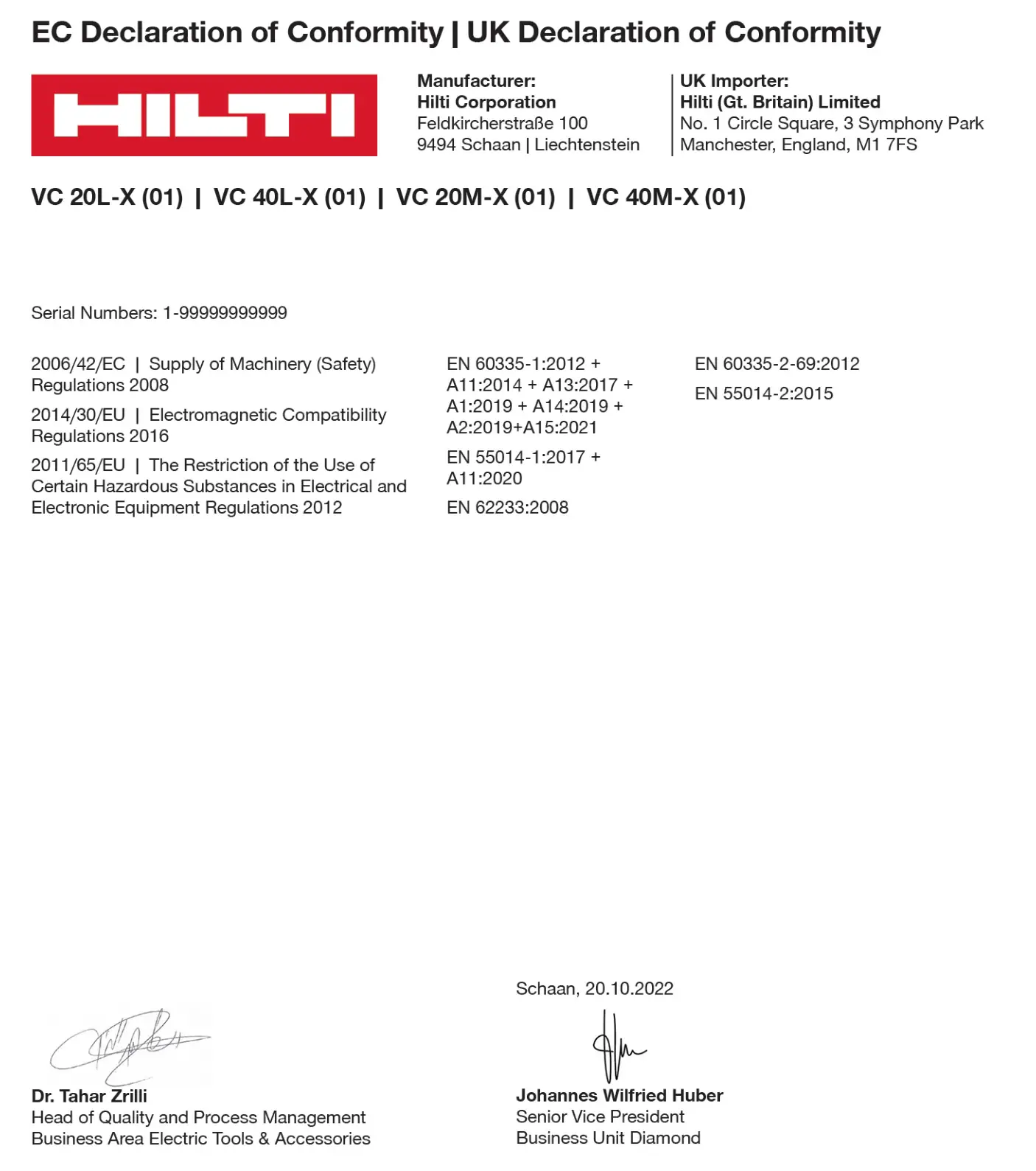 HILTI VC 20M-X Jobsite Vacuum Cleaners - EC Declaration of conformity uk declaration of conformity