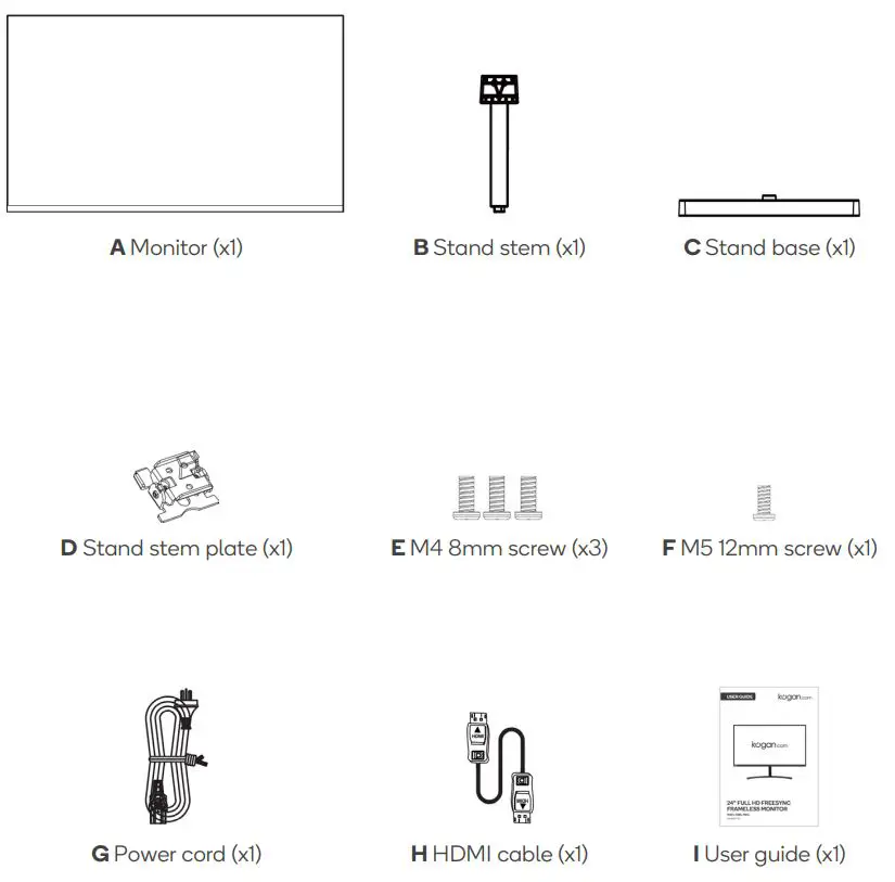 kogan KAMN27F7VA 27 Inch Full HD FreeSync Frameless Monitor User Guide - COMPONENTS