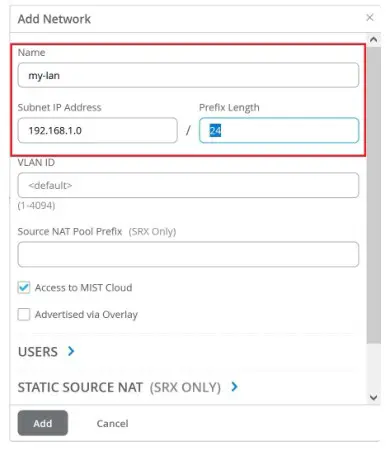 SSR1500 Session Smart Routing WAN Edge Device - Enter the network subnet