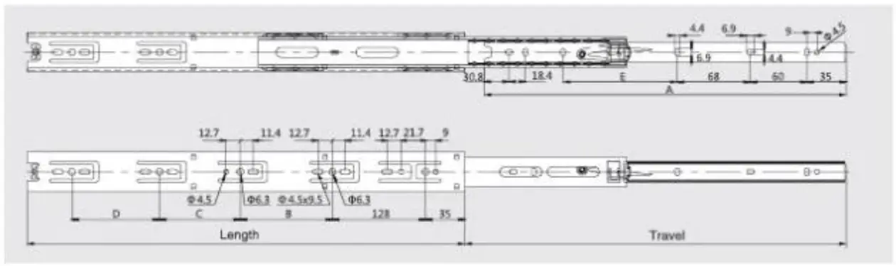 EXCEL E163 BK Gedeone Soft Closing Ball Bearing Drawer Slide - Screw Positions
