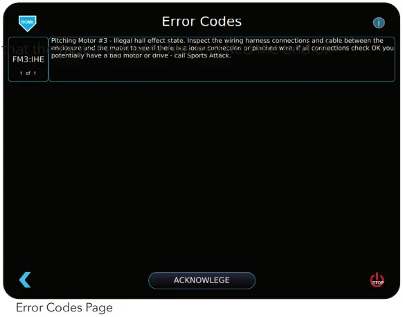 SPORTSATTACK Elite E-Hack Attack Baseball Machine - Error Codes Page