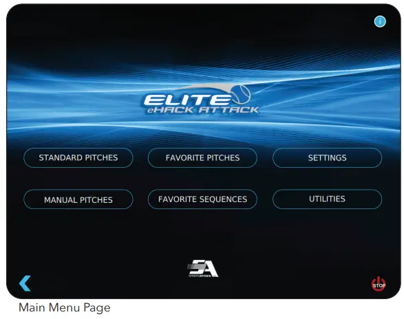 SPORTSATTACK Elite E-Hack Attack Baseball Machine - Main Menu Page