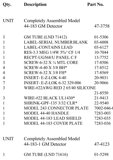 LUDLUM 44-183-1 Shielded GM Detector - Parts List Table