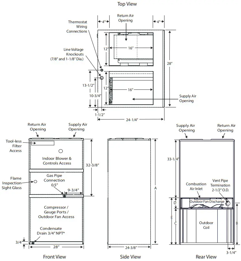 magic pak 48MGE8 12 241NP Electric Cooling Gas Heating - UNIT DIMENSIONS