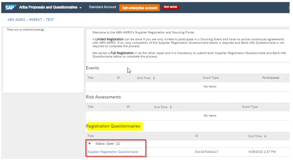 Supplier Registration Questionnaire 1st screen