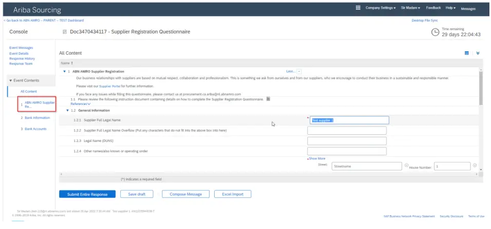 Supplier Registration Questionnaire 1st screen
