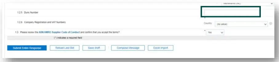 Supplier Registration Questionnaire 1st screen