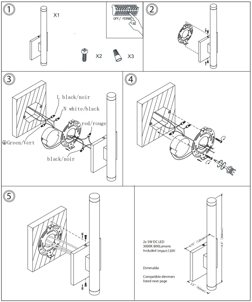 Dainolite WLS 1410LEDW Wilson 2 Light Aged Brass Integrated LED Wall Sconce - Mounting
