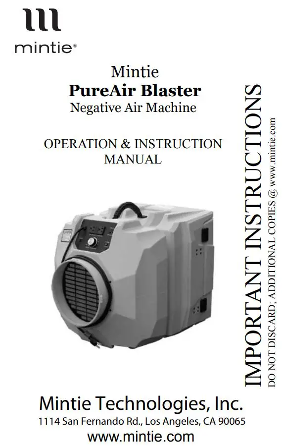 mintie PureAir Blaster Negative Air Machine Instruction Manual