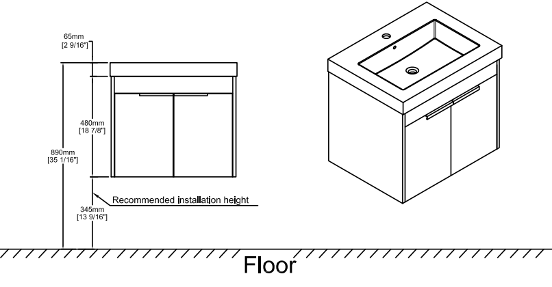 SAMA BTCYBV0305BBL Wall Mount Bath Vanity Cabinet with Top and Resin Basin - dimension