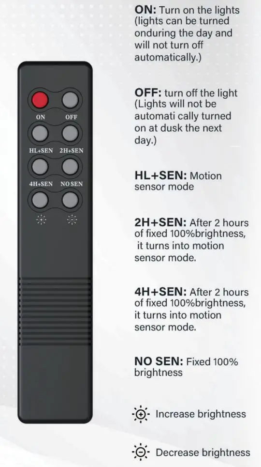 BNT 800W 2PACK Solar Street Light User Manual - REMOTE CONTROL BUTTONS