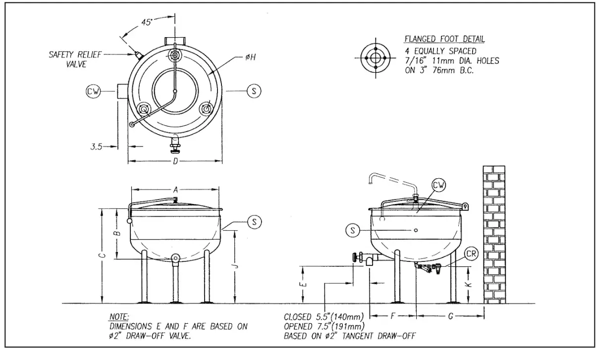 CROWN DL-20F Full Jacket Direct Steam Stationary Kettles - Service Connections
