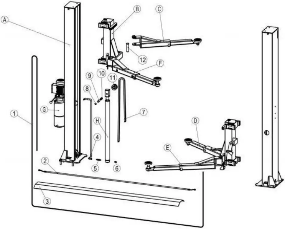 AGT INDUSTRIAL AGT B1000 Two Post Auto Lift - Assembling Diagram