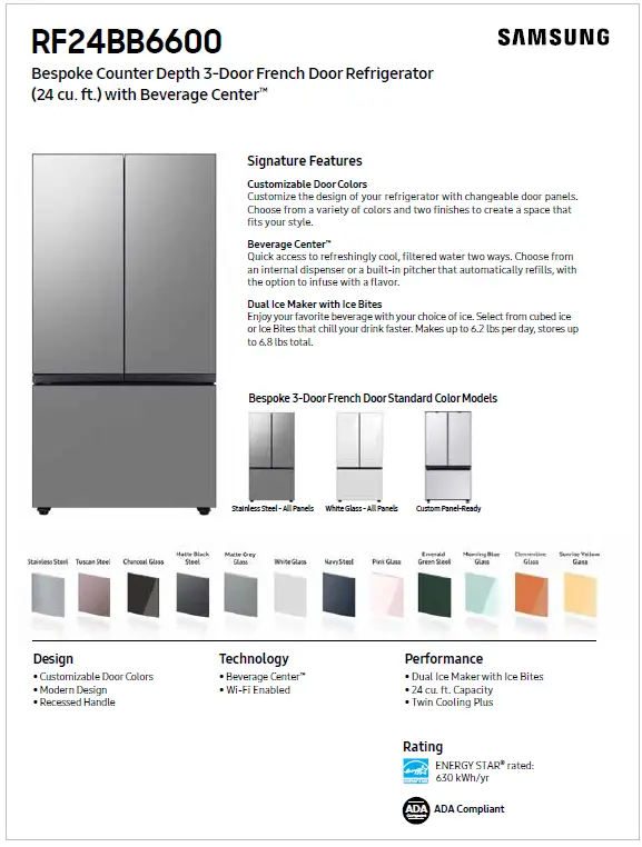 Samsung RF24BB6600AP Bespoke Counter Depth 3 Door French Door Refrigerator 15