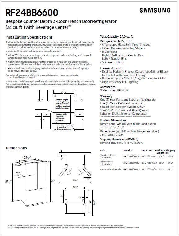Samsung RF24BB6600AP Bespoke Counter Depth 3 Door French Door Refrigerator 16
