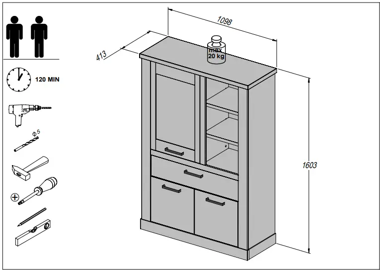 FORTE DURV521L-C818 DURO Highboard Display Cabinet with 2 Doors -