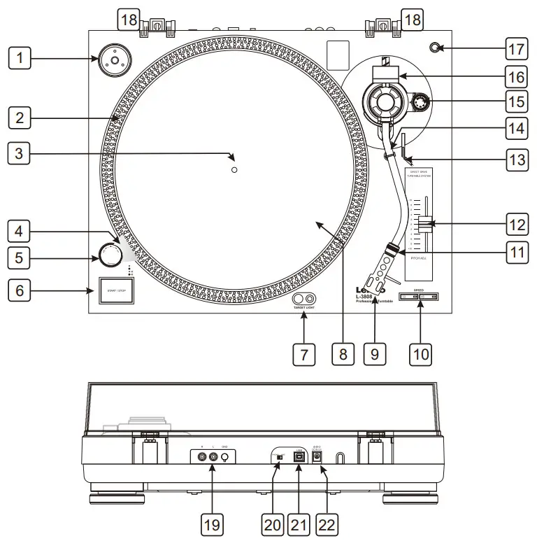 Lenco L 3828 Direct Drive Turntable with USB Recording - CONTROLS AND FUNCTIONS EN