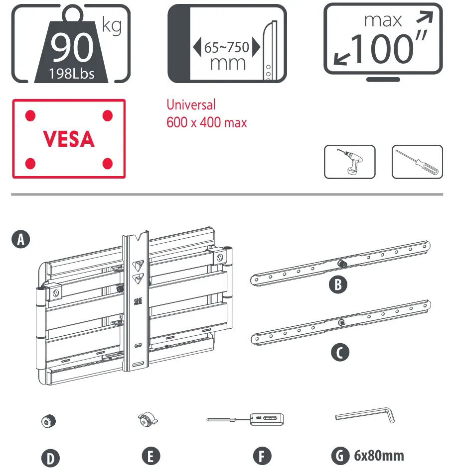 ONE FOR ALL WM5661 Dynamic Full-Motion TV Wall Mount - Specs & Contents