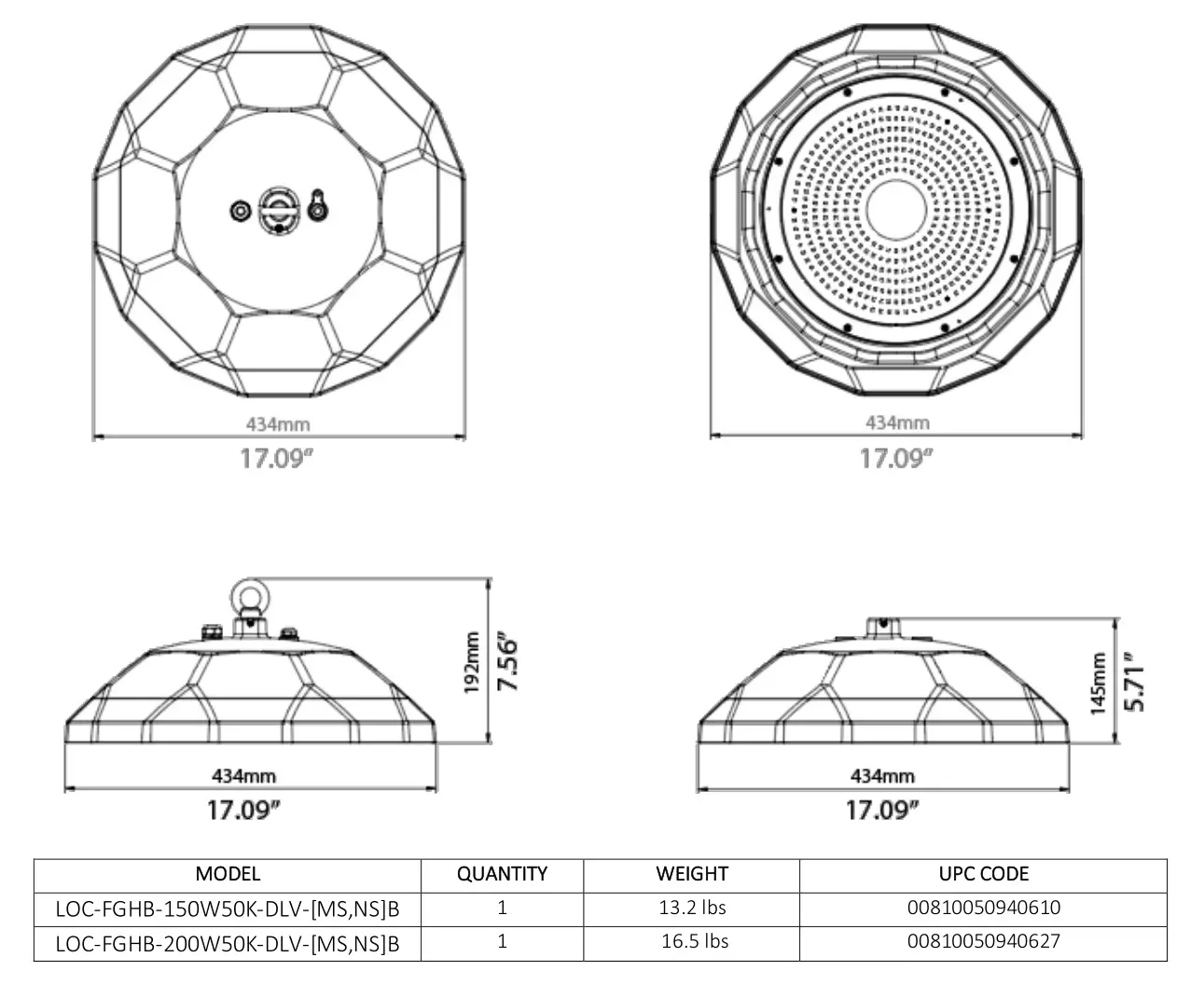 LED One LED LOC-FGHB High Bay - MEASUREMENTS