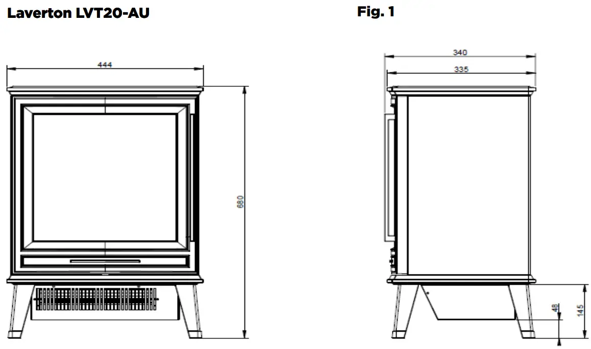 Dimplex LVT20 AU Laverton 2kW Electric Stove - Product Dimensions