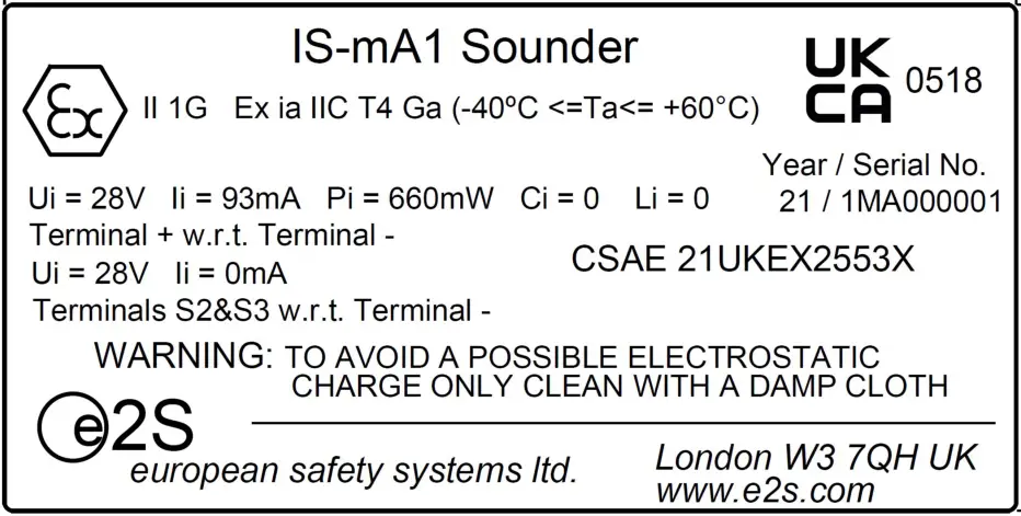 e2S IS mA1 Intrinsically Safe Round Sounder - UKEX approval
