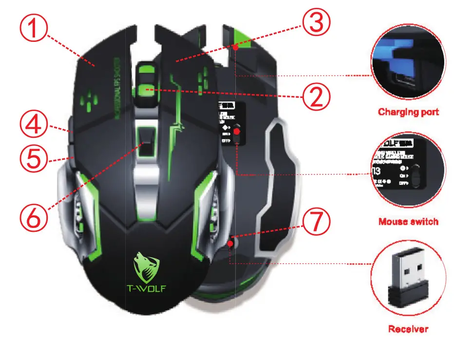 T-WOLF Q13 Wireless Charging Game Mouse - usb