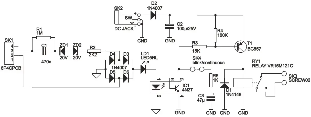 velleman WSHA8086 Telephone Ring Detector with Relay Output - Schematic diagram