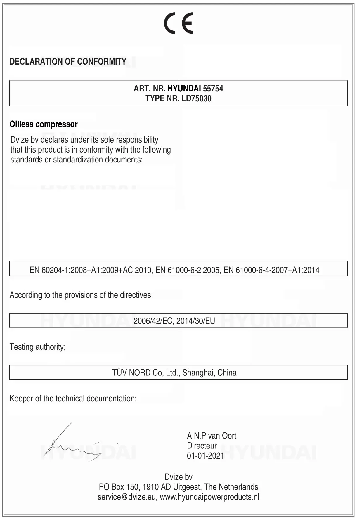 HYUNDAI 55754 Power Super Silent 30L Compressor - DECLARATION OF CONFORMITY