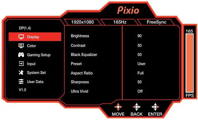 Pixio PX248PS Gaming Monitor - OSD Menu