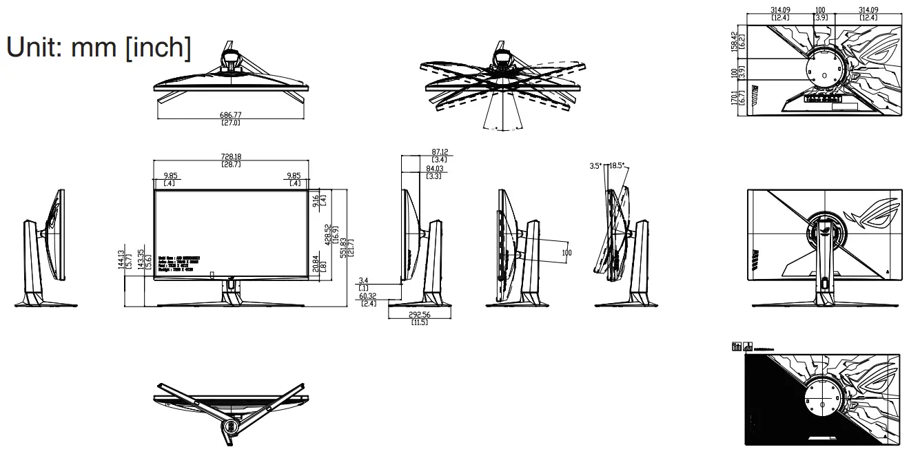 ASUS XG43UQ ROG Strix 43 Inch 4K HDR DSC Gaming Monitor - Outline dimension