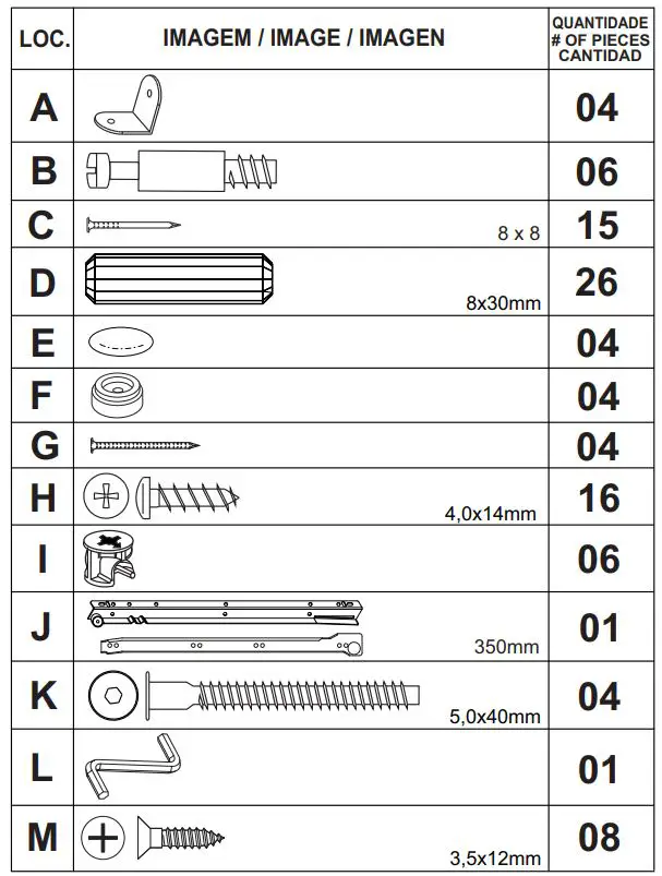 NOVA B35 Madrid Desk with 2 Drawers White Instructions - HARDWARE LIST