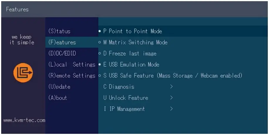 kvm tec KT 6021L SMARTfl ex Dual in Copper - FEATURES MENU
