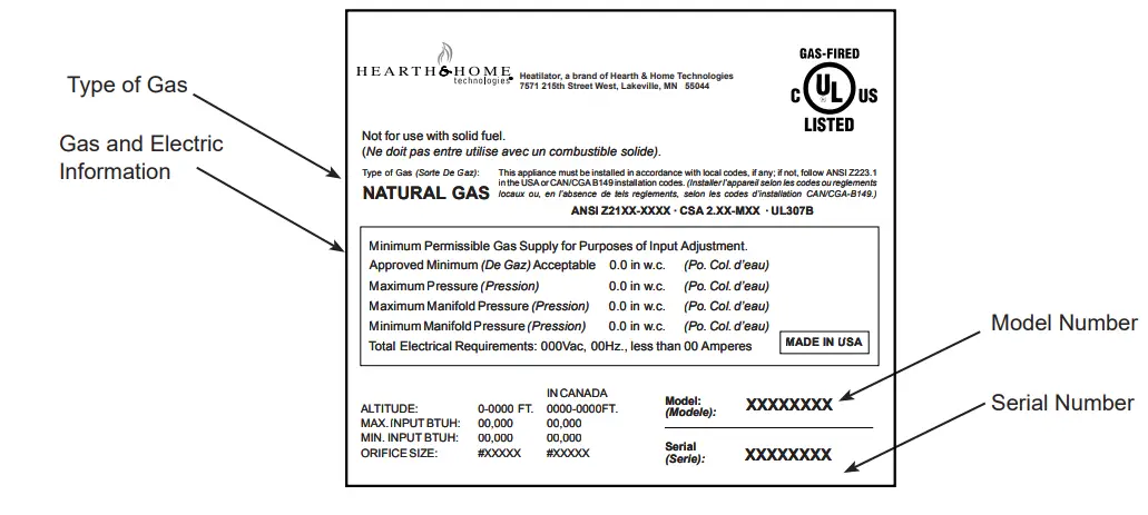 HEARTH HOME technologies RCOR DV36IN Direct Vent Gas Fireplace - Serial Number