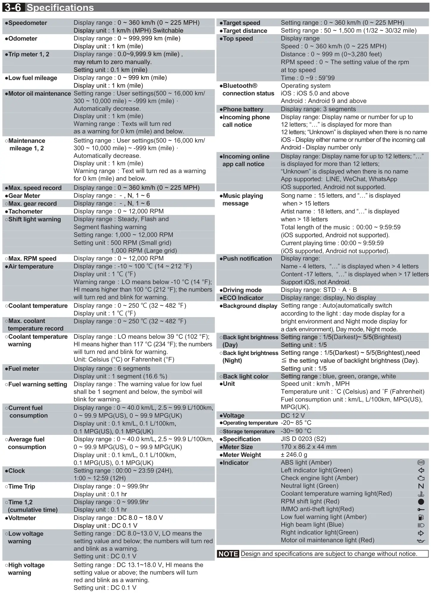 KOSO RX-4 Multifunction TFT Meter - 3-6 Specifications