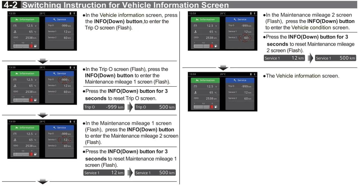 KOSO RX-4 Multifunction TFT Meter - 4-2 Switching Instruction for Vehicle Information Screen
