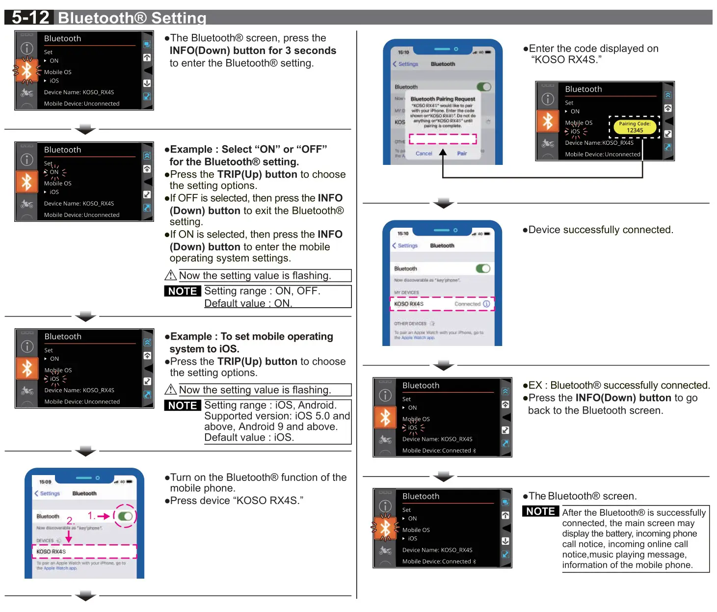 KOSO RX-4 Multifunction TFT Meter - 5-12 Bluetooth® Setting