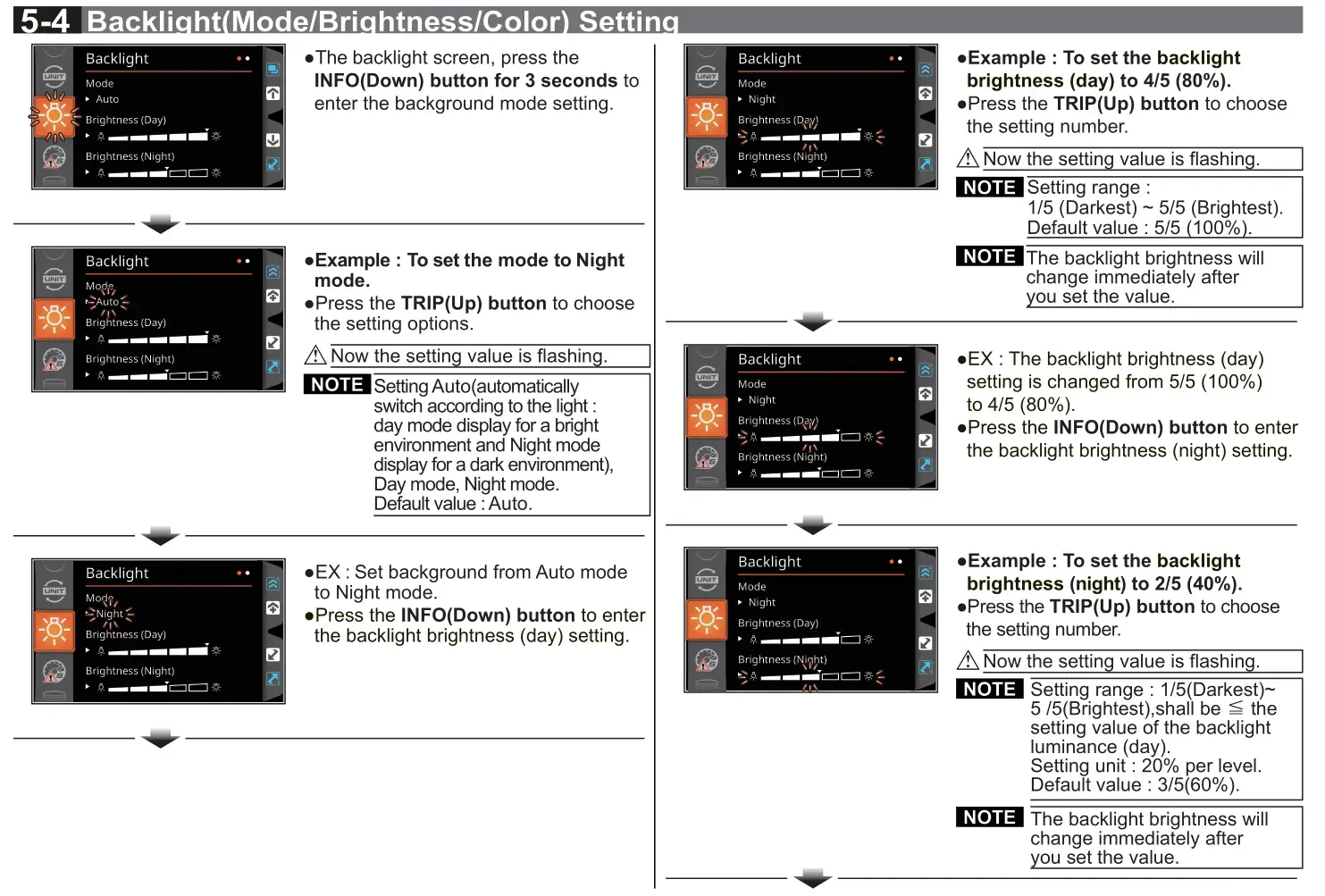 KOSO RX-4 Multifunction TFT Meter - 5-4 Backlight(Mode Brightness Color) Setting