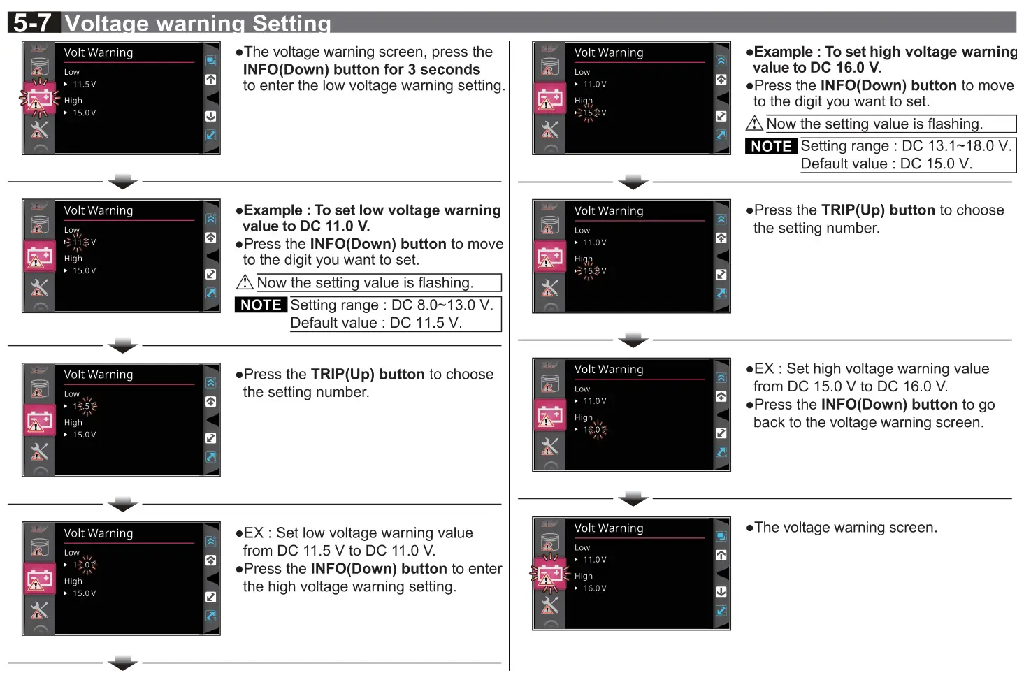 KOSO RX-4 Multifunction TFT Meter - 5-7 Voltage warning Setting