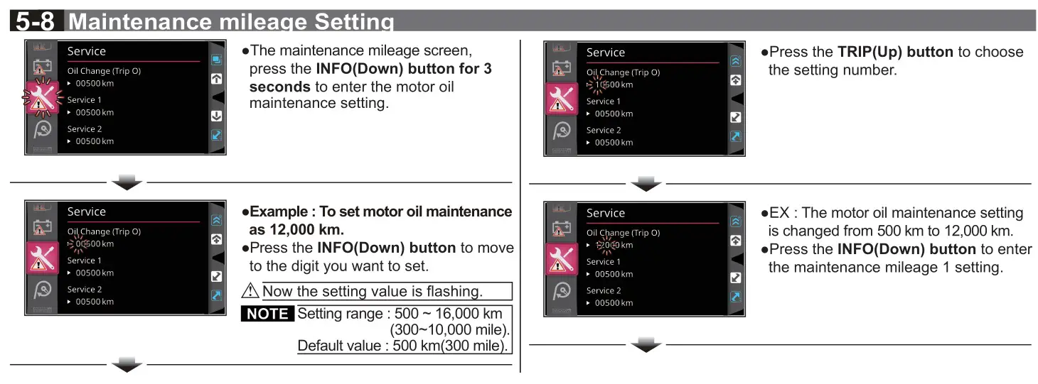 KOSO RX-4 Multifunction TFT Meter - 5-8 Maintenance mileage Setting