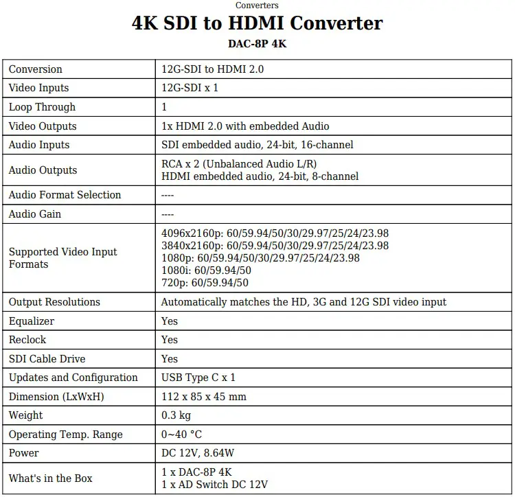datavideo DAC-8P 4K SDI to HDMI Converter - Specs