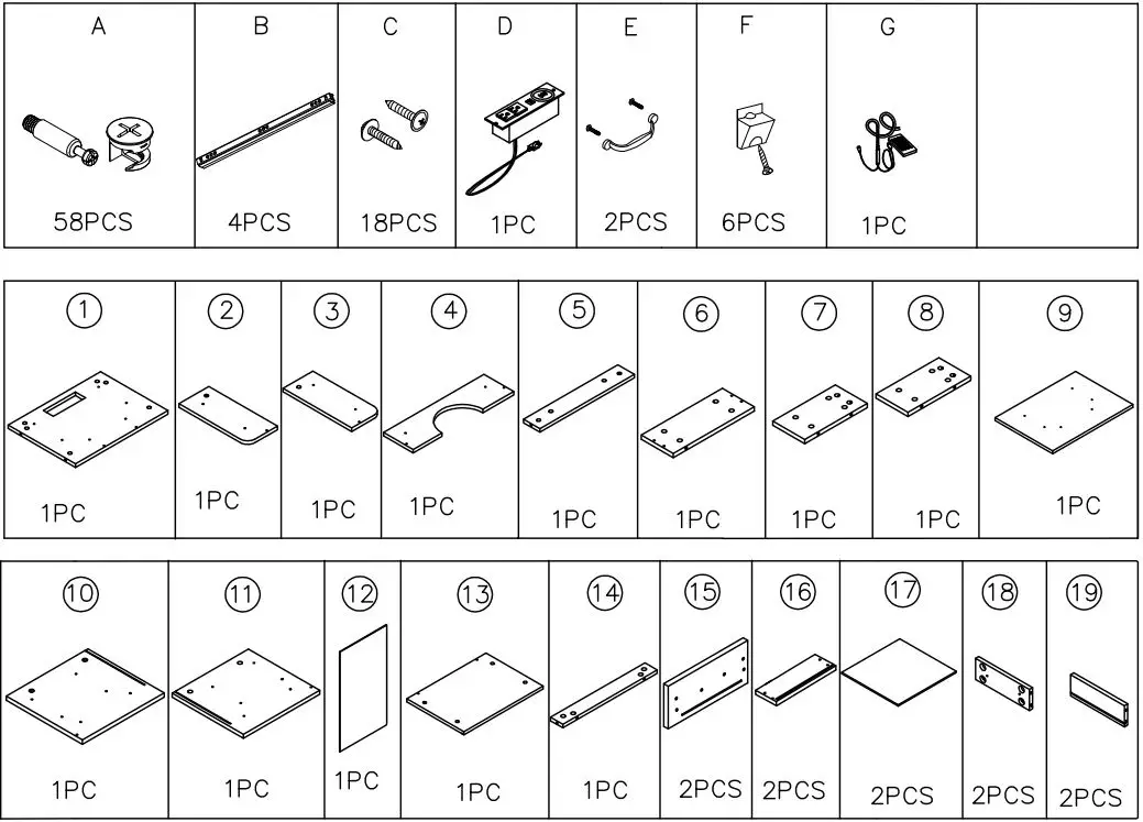 MABOR WF292397 2-Drawer Black Nightstand with USB Ports Instruction Manual - Part List