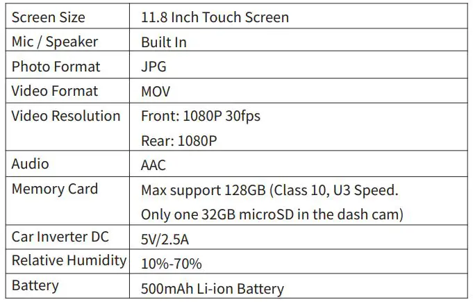 AZDOME PG17 Mirror Dash Cam User Manual - Specification
