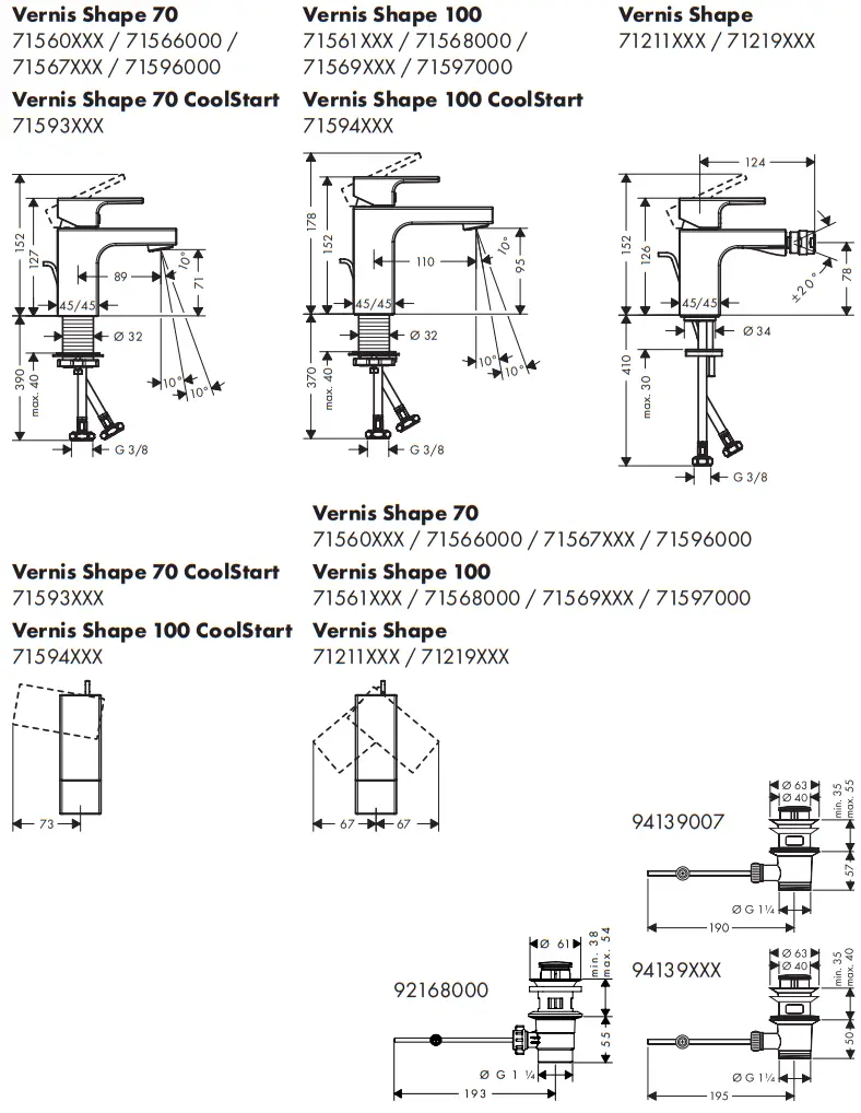 hansgrohe 71560XXX Vernis Shape 70 Single Lever Basin Mixer - Symbols 3
